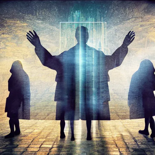 Image similar to a giant computer god towering above praying individuals made out of organic materials, dramatic backlighting, 3 5 mm, digital art, realistic