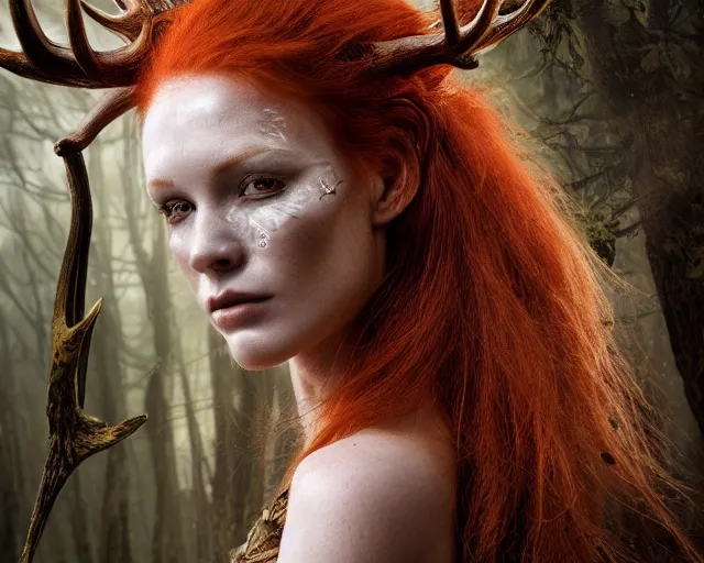 Image similar to 5 5 mm portrait photo of an armored gorgeous anesthetic redhead woman warrior with a face tattoo and antlers growing from her head, in a magical forest in the style of stefan kostic, art by luis royo. highly detailed 8 k. intricate. lifelike. soft light. nikon d 8 5 0. cinematic post - processing