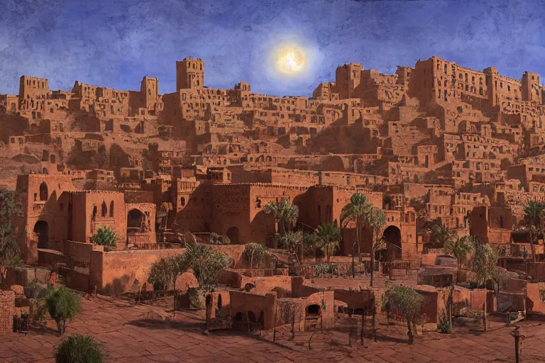 Image similar to in the middle of a adobe house kasbah town, mud and brick houses, merchant street, pueblo dense architecture, narrow streets, colorful crowd. Huge persian temple in the background with round roof, big door. Scenic view at night, underexposed, clean horizon, matte painting by craig mullins and Anato_Finnstark, dark fantasy, style of game of thrones, concept art trending on artstation, 4k, insane details