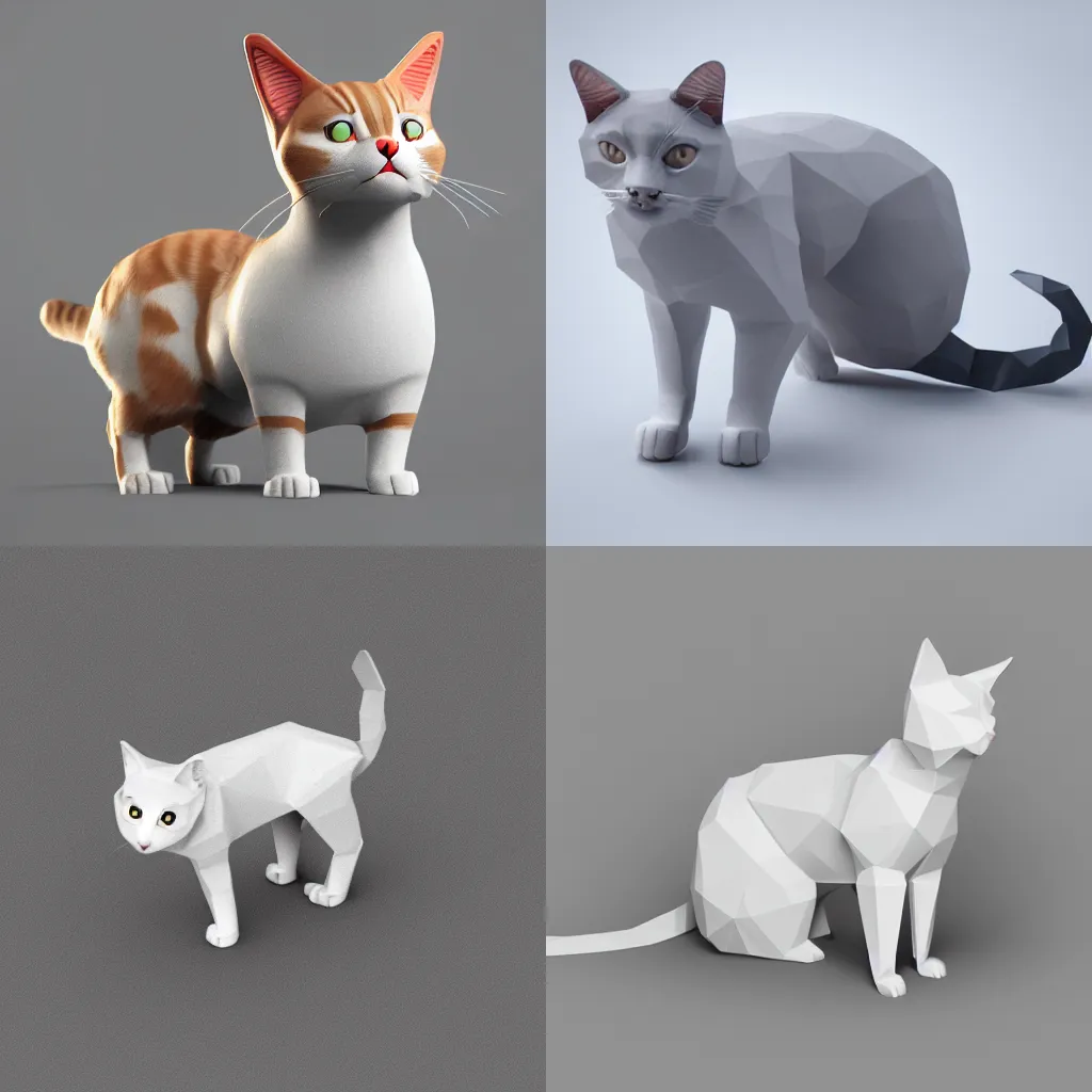 Prompt: low polygon render of a cat on a white background, isometric 3d, ultra HD, octane render