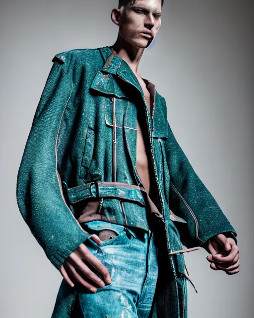 Prompt: an award - winning photo of a male model wearing a baggy teal distressed medieval menswear moto jacket by issey miyake, 4 k, studio lighting, wide angle lens
