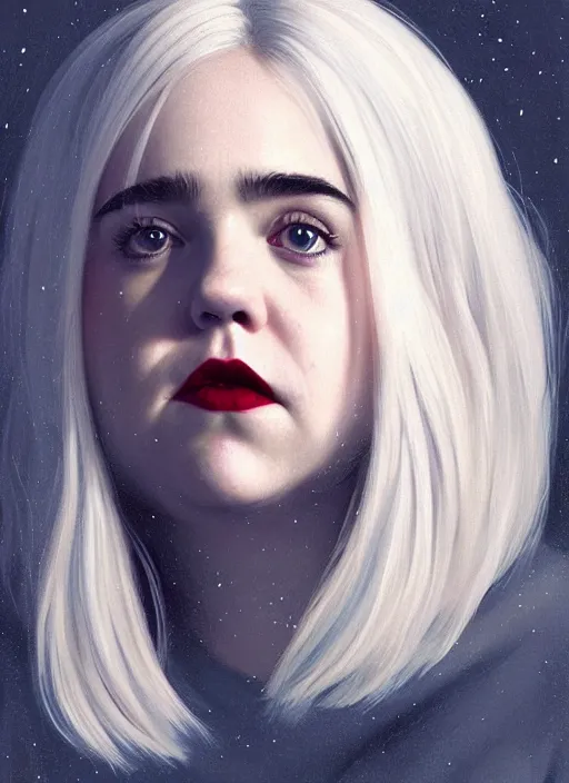 Image similar to full body portrait, kiernan shipka as sabrina spellman, white hair, obese, bangs, sultry, realistic, sultry smirk, fluffy bangs, freckles, fat, belly, intricate, elegant, highly detailed, digital painting, artstation, concept art, smooth, sharp focus, illustration, art by wlop, mars ravelo and greg rutkowski