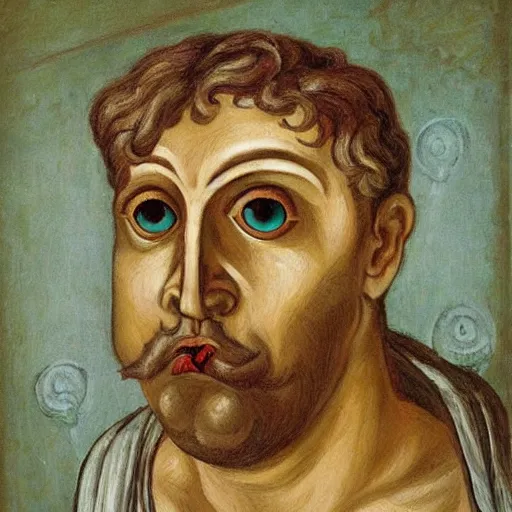 Image similar to portrait of ancient greek idiot with big eyes and sharp nose and open mouth. fine detail. artistic painting by lurid