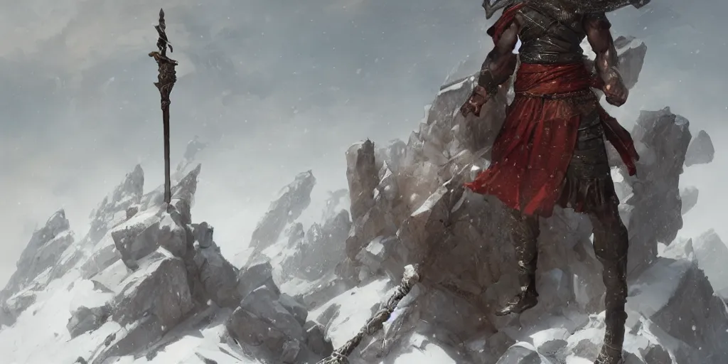 Image similar to ancient persian super hero the rostam by ferdowsi with a mace in hand on a snowy mountain peak, art by greg rutkowski, dark fantasy art, high detail, trending on artstation, insane details, dramatic lighting,