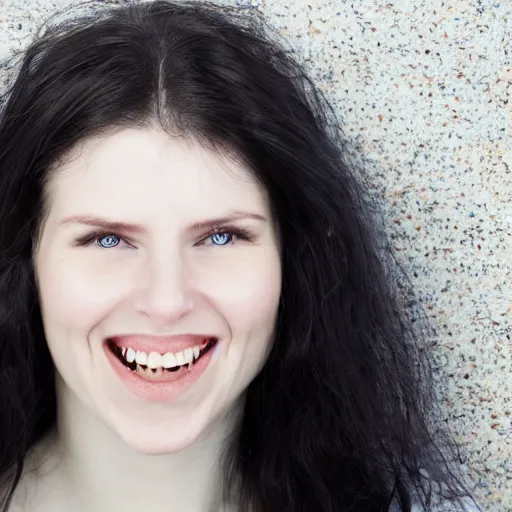 Prompt: mugshot of an smiling beautiful caucasian woman with long black hair, hooked nose, with light blue eyes and pale skin, high definition, 4k