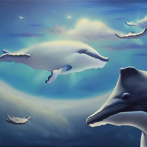 Prompt: whales in the sky above the city in oil painting, trending on artstation, award winning, emotional, highly detailed ethereal surrealist art