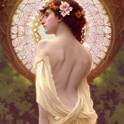 Prompt: flower goddess, full body, intricate, elegant, highly detailed, digital painting, artstation, concept art, smooth, sharp focus, illustration, art by artgerm and greg rutkowski and alphonse mucha and william - adolphe bouguereau and stephanie law