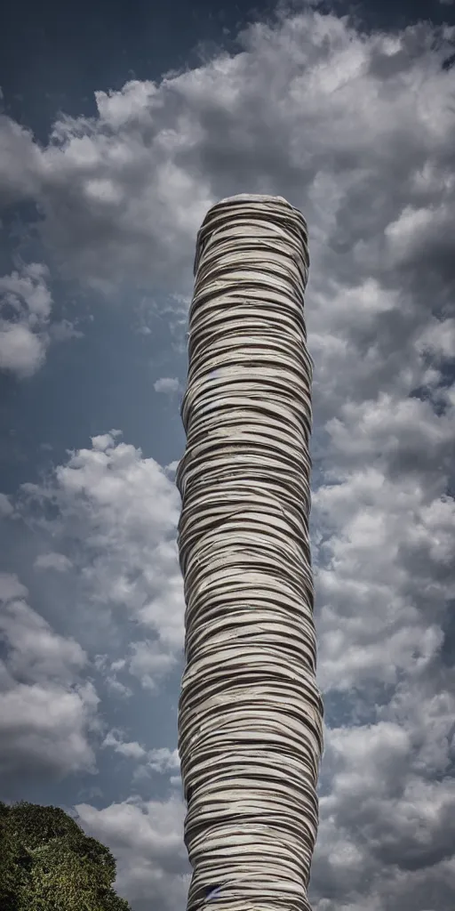 Prompt: twisted Giant tower , organic geometric hollowed structure , dramatic cloudy Sky ,by oxo architectes , 24 mm shot , 8k