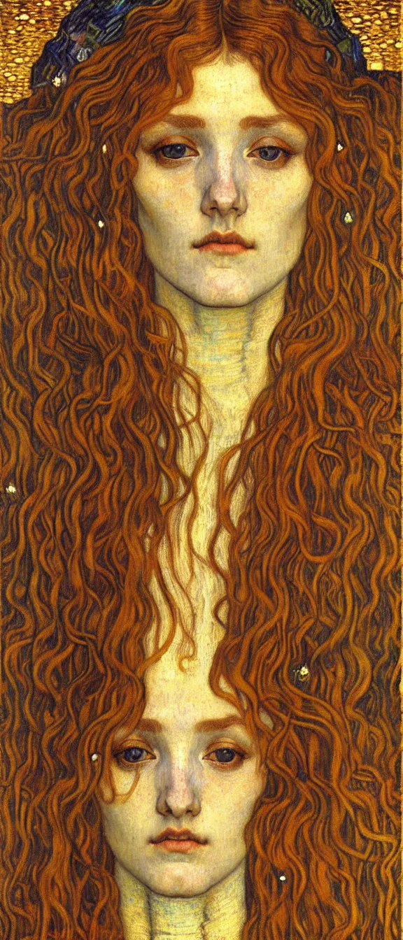 Image similar to detailed realistic beautiful young medieval queen face portrait by jean delville, gustav klimt and vincent van gogh, art nouveau, symbolist, visionary, gothic, pre - raphaelite, muted earthy colors, desaturated