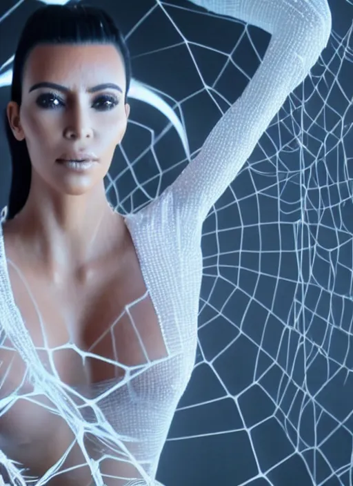 Prompt: film still of kim kardashian, alien spider over her face as she struggles, spider webbed body, scary, cinematic full shot, full body pov, 4k.