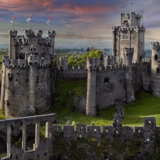 Image similar to a huge, rambling, quite scary - looking castle, with a jumble of towers and battlements, building, fantasy, landscape photo