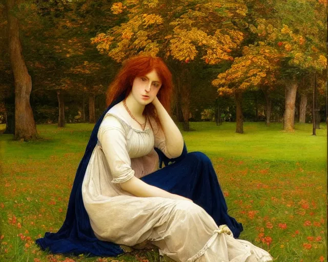 Prompt: beautiful pre - raphaelite painting of woman alone in a park, trending on artstation,