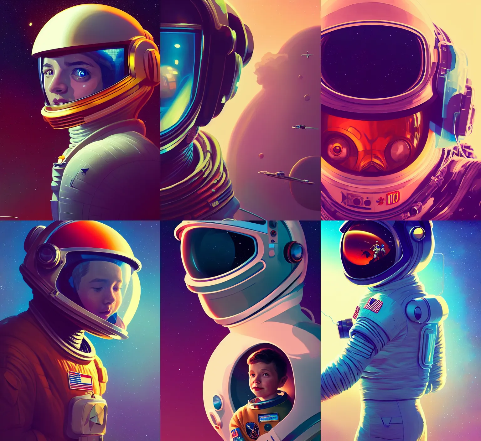 Prompt: retrofuturistic portrait of a boy in astronaut helmet, space graphics art in background, close up, wlop, dan mumford, artgerm, liam brazier, peter mohrbacher, 8 k, raw, featured in artstation, octane render, cinematic, elegant, intricate, 8 k