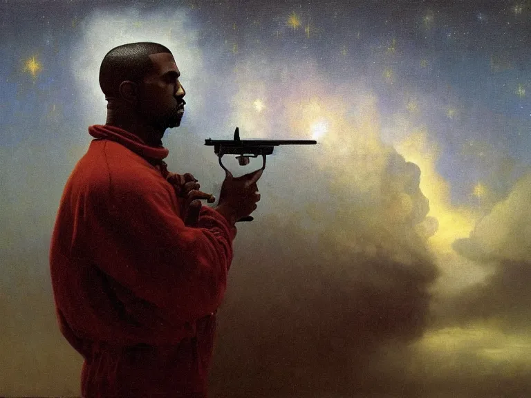 Image similar to a detailed profile oil painting of kanye west holding a gun, aurora lighting clouds and stars by beksinski carl spitzweg and tuomas korpi. intricate artwork by caravaggio. Trending on artstation. 8k