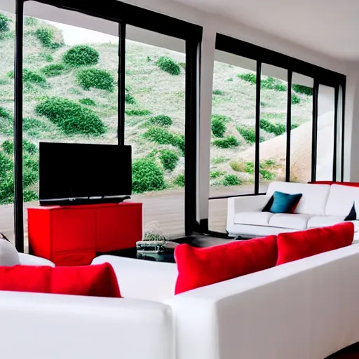 Prompt: beautiful 35mm footage landscape photography of a modern living room white and red colors, stylistic furniture, window open to beach wide-angle lens