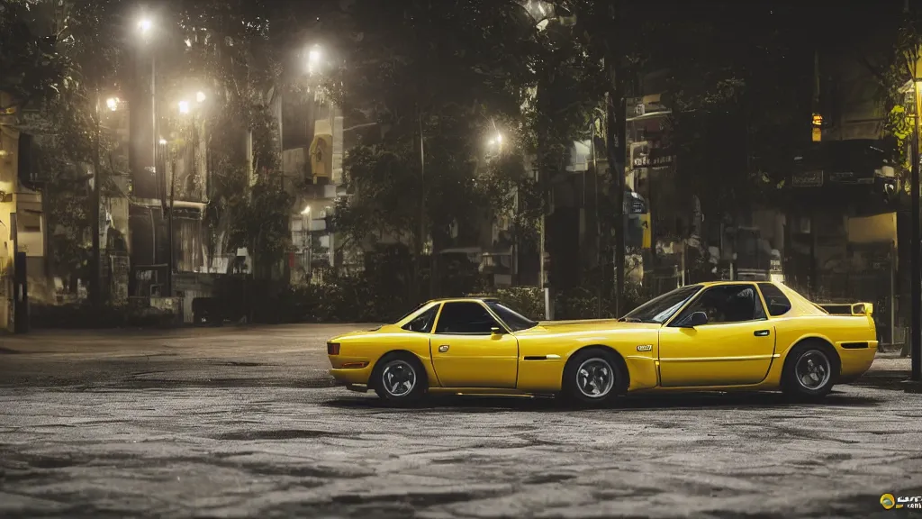 Image similar to a yellow jdm mazda rx 7, cinematic, nikon d 7 5 0, long exposure, white balance, 8 k, led, lumen global illumination, fog, ray tracing reflections, fxaa, rtx, post - production