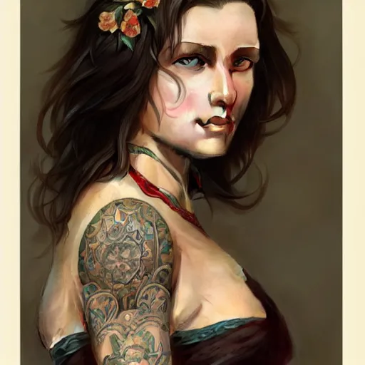 Image similar to ultra realistic illustration, a hot brunette tattooed slavic woman in her late 2 0's, intricate, elegant, highly detailed, digital painting, artstation, concept art, smooth, sharp focus, illustration, art by artgerm and greg rutkowski and alphonse mucha