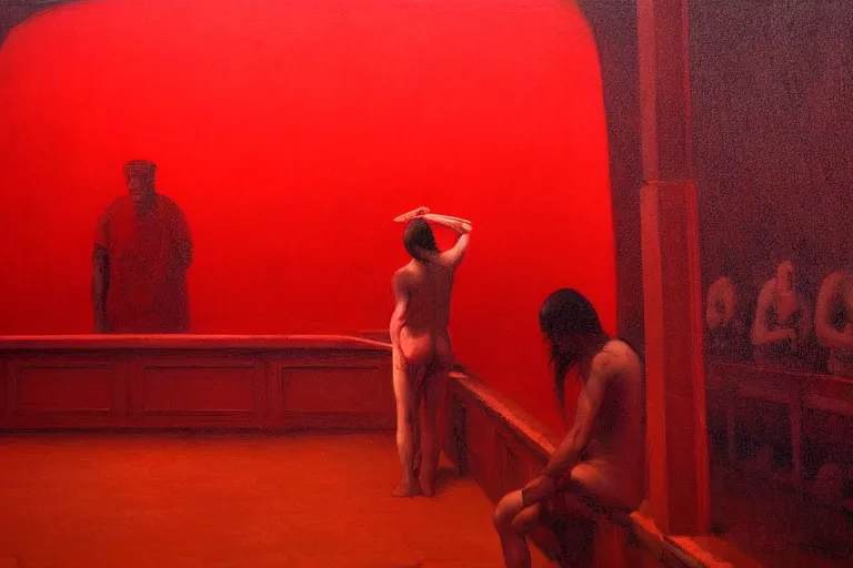 Image similar to only with red, crowd screaming, an exposed painting in a roman theater, in the style of beksinski, parts by edward hopper, parts by rodcenko, parts by yue minjun, intricate and epic composition, red by caravaggio, insanely quality, highly detailed, masterpiece, red light, artstation, 4 k