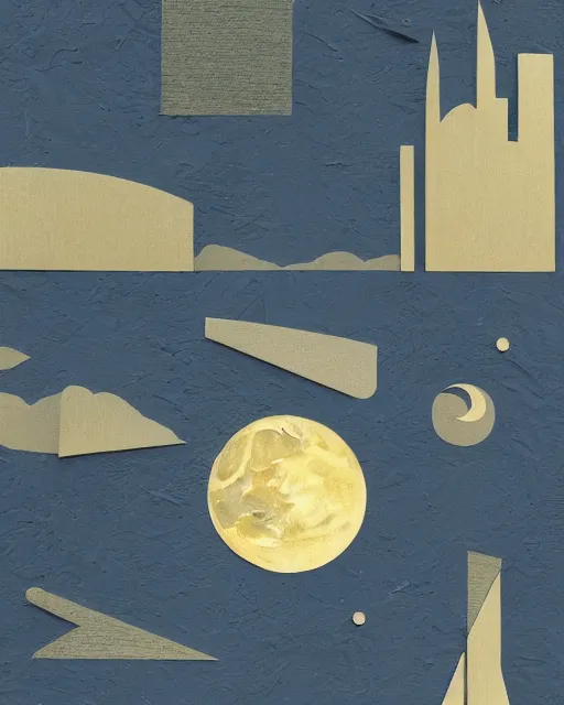 Prompt: A collage of a river reaching to the moon, mid-century modern, made of random shapes cut from magazines