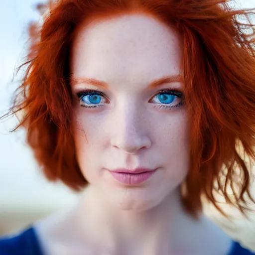 Image similar to close up portrait photo of the left side of the face of a redhead woman with blue eyes and big black round pupils who looks directly at the camera. Slightly open mouth, face covers half of the frame, with a park visible in the background. 135mm nikon. Intricate. Very detailed 8k. Sharp. Cinematic post-processing. Award winning photography