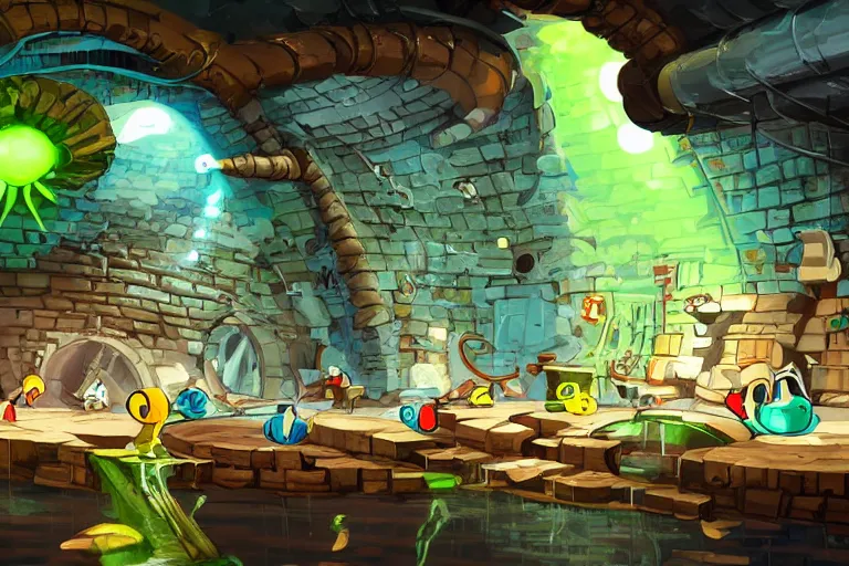 Prompt: Rayman style concept art of wet underground sewer tunnels with gym equipment, water flowing through the sewer, railing along the canal, brick walls, arches, detailed architecture, brass pipes on the walls, a slight green glow emanates from the water, artificial warm lighting, a variety of vivid materials