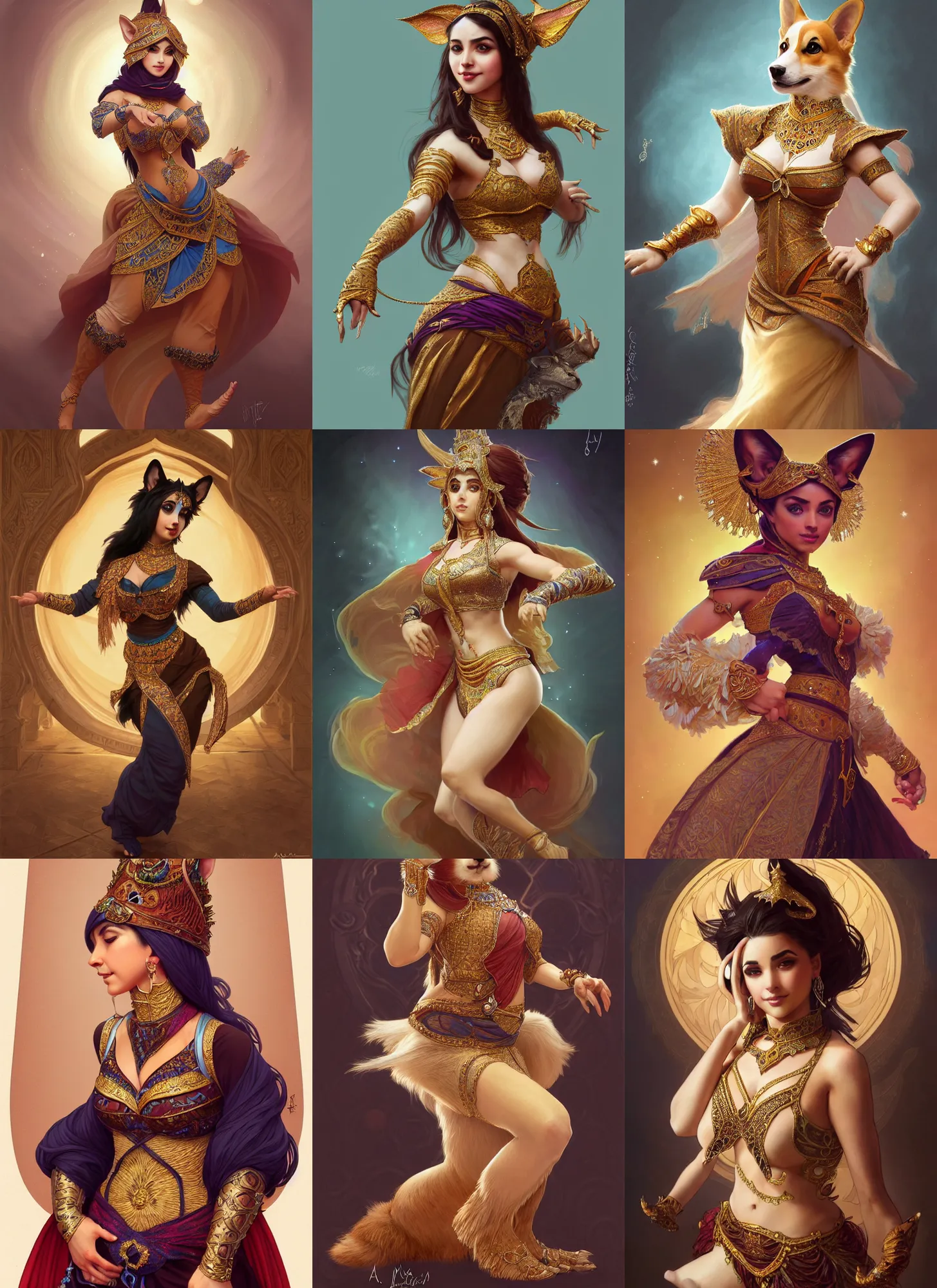 Prompt: full body photograph of a female anthropomorphic corgi fursona arabian dancer, deep focus, intricate, elegant, highly detailed, digital painting, artstation, concept art, matte, sharp focus, illustration, d & d, fantasy, hearthstone, art by artgerm and greg rutkowski and alphonse mucha