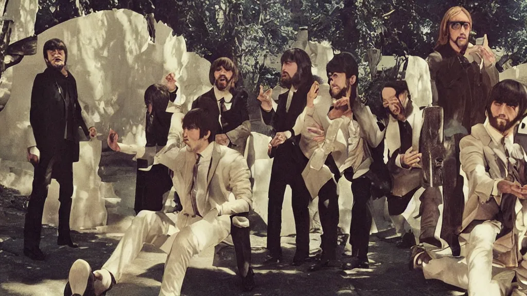 Image similar to the apostles as the beatles on an album cover, film still from the movie directed by Denis Villeneuve with art direction by Salvador Dalí, wide lens