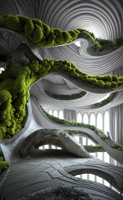 Image similar to highly detailed ultra sharp 3 d render villa interior cinematic composition of a smooth ceramic porcelain biomorphic magnolia stone nebula fluid fractal sci - fi surreal architecture landscape, granite, metallic, magnesium, marble, moss and lichen, vincent callebaut composition, mamou - mani, archviz, beautiful lighting, 8 k, unreal engine, hdr,