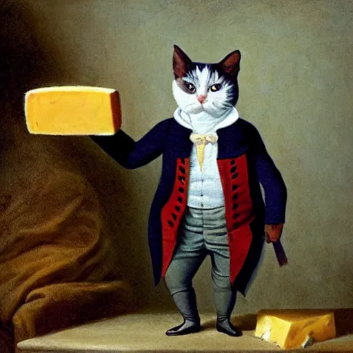 Image similar to cat dressed like napoleon holding a block of cheese