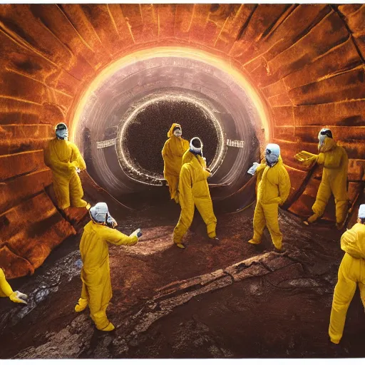 Image similar to wide - shot photo of a group of scientists in hazmat suits, studying a hell open rift portal, by shaun tan, codachrome, hellish, unsettling, otherworldly, blood, machines, 8 k, hd, highly detailed,