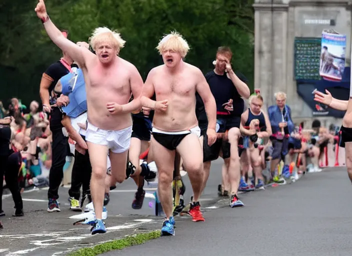 Prompt: shirtless, hairy, boris johnson running marathon, hands in air