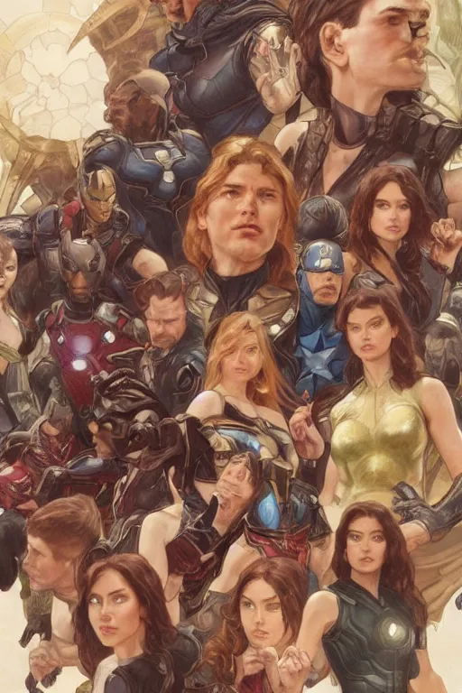 Image similar to group portrait of the avengers, fantasy, highly intricate, elegant, realistic faces, highly detailed, digital painting, artstation, concept art, smooth, sharp focus, group photo, illustration, art by artgerm and greg rutkowski and alphonse mucha