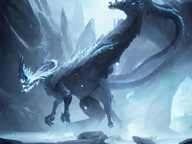 Prompt: mysterious ice dragon, concept art by Greg Rutkowski, artstation, cgsociety