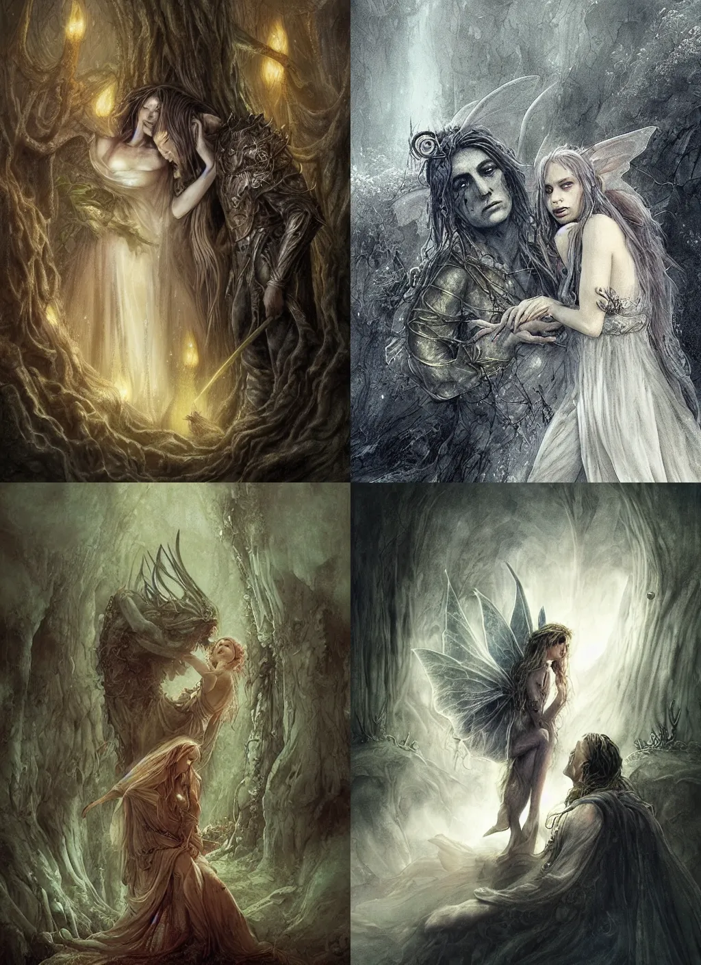 Prompt: the faerie queen mourns her king who is dying on her arms while the surrounding elves cry in deep despair, lord of the rings, moody and atmospheric in alan lee and marc simonetti and emil melmoth style , cinematic lighting