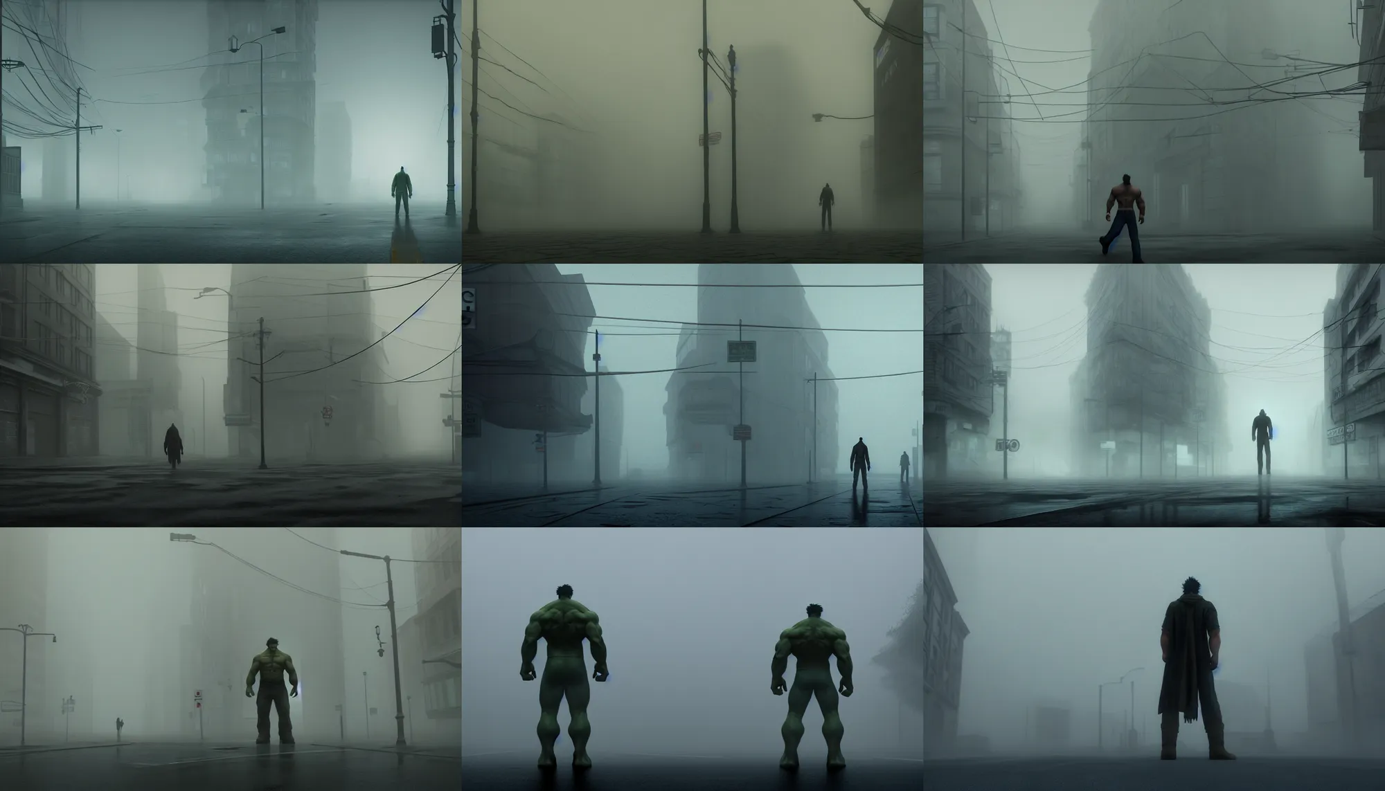 Prompt: a hulk standing, silent hill streets, fog, empty streets, hyperdetailed, artstation, cgsociety, 8 k