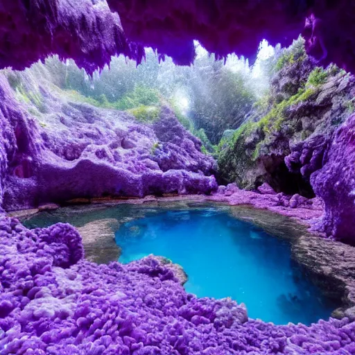 Image similar to photo inside an amethyst cave with a hot spring and coral reef