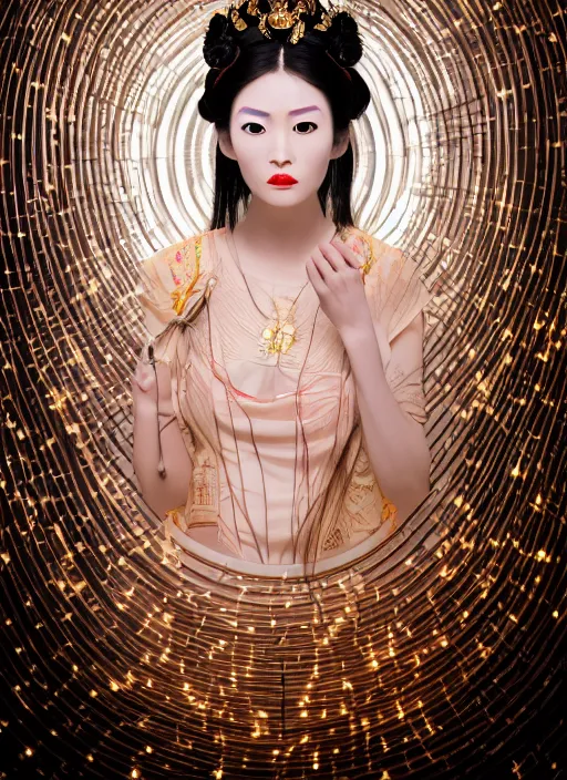 Image similar to photo shoot pose photo of beautiful Chinese ancient princess standing in the corridor in the space ship, symmetrical face, big eyes and lips, looking down, subtle makeup, clean face and body skin,ecstatic expression, ornamental jewelry and ancient translucent clothes, futuristic space ship interrior, wires with lights,depth of field, lens flares, dust in the air, moody lighting, intricate, elegant, highly detailed, centered, smooth, sharp focus, Donato Giancola, Joseph Christian Leyendecker, WLOP, Boris Vallejo, Artgerm moody photography, old photo, black and white, sepia, cinematic lighting, cinematic angle, editorial photography