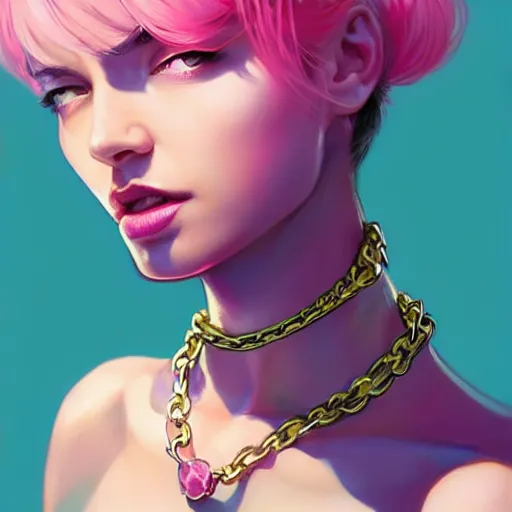 Prompt: portrait of beautiful woman marvel character, confident pose, strong jewelry, wearing chains. pastel pink, bright colors, sharp focus, illustration, highly detailed, concept art, matte, trending on artstation, anime, art by wlop and artgerm and greg rutkowski, h 6 4 0