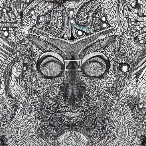 Image similar to Geometrically surreal AI, extremely high detail, photorealistic, intricate line drawings, dotart, album art in the style of James Jean