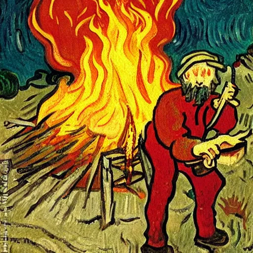 Prompt: painting of a man in hell making smores, fire, hot, bag of marshmallows, by van gogh.