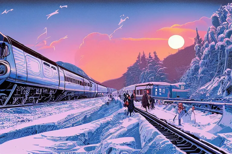 Image similar to trans - siberian express train illustration by joe fenton and syd mead and p. craig russell and barry windsor - smith, artstation, 4 k, graphic novel, concept art, matte painting, beautiful russian winter landscape sunset background, golden hour, art nouveau