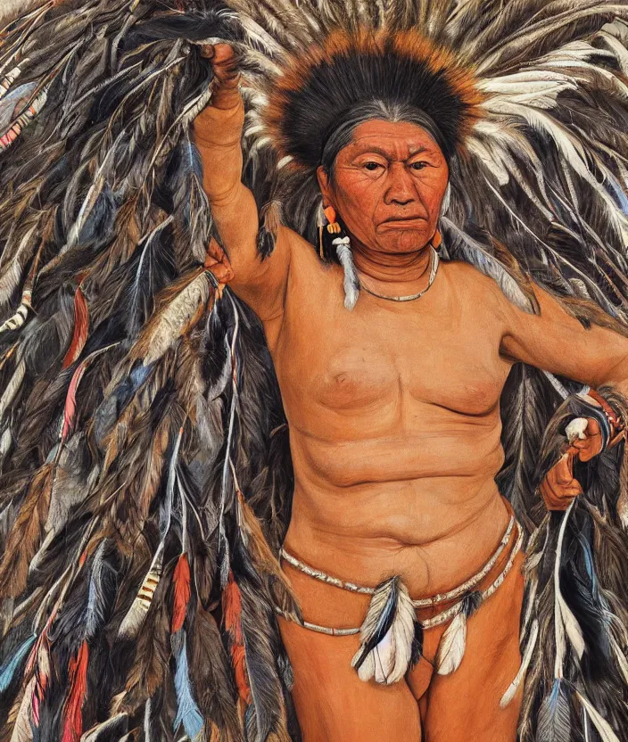 Prompt: full body shot picture of indigenous people young slim fit woman leader in canyon, painted by lucian freud, beautiful feathers, hd, super detailed, realistic