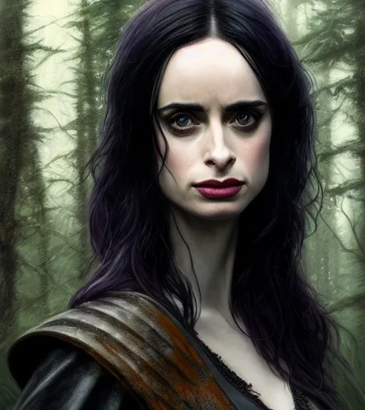 Image similar to 5 5 mm close up portrait photo of krysten ritter as yennefer of vengerberg in black leather armor and long black thick hair who has purple eyes, in a forest. magical atmosphere. art by greg rutkowski. lifelike. very detailed 8 k. intricate. soft light. nikon d 8 5 0.