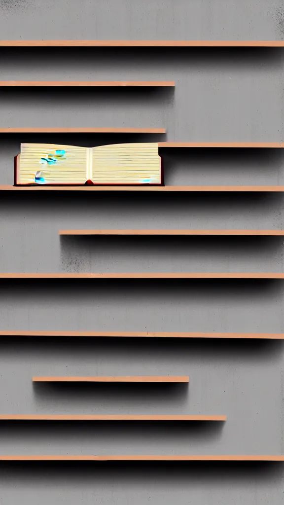 Prompt: hyper realistic one point perspective of wooden book shelf with concrete background