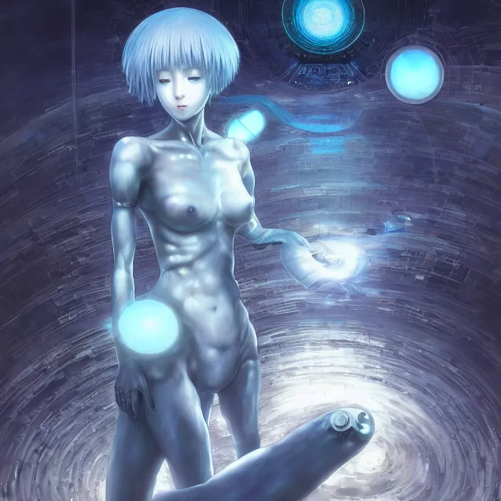 Image similar to Memento of the Rei Ayanami, The Android Kannon Mindar Leviathan awakening from Japan in a Radially Symmetric Alien Megastructure turbulent bismuth glitchart Luminism Romanticism by John William Waterhouse . Atmospheric Cinematic Environmental & Architectural Design Concept Art by Tom Bagshaw Jana Schirmer Jared Exposure to Cyannic Energy, Darksouls Concept art by Finnian Macmanus, Rei Ayanami, The Android Kannon Mindar from Japan in a lush flora of water dripping leaves and echoing blue rings of sound emanating from the center of the screen with a faint turquoise glowing aura fractal pearlescent iridescent surrealist turbulent bismuth glitchart Luminism Romanticism by John William Waterhouse Beksinski Finnian MacManus Ruan Jia, cute anime girl with blue hair and red eyes, vtuber, lain iwakura, Hi-Fructose, Artstation, HD, HDR, High Resolution, 1024x1024