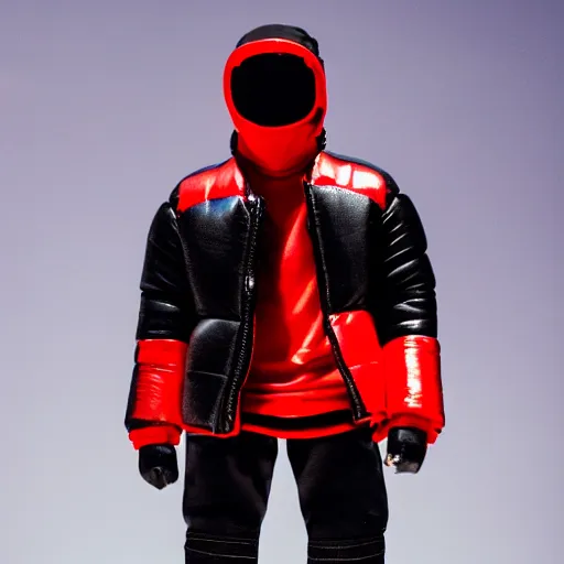 Image similar to kanye west using a full face covering black mask, a small, tight, undersized reflective bright red round puffer jacket made of nylon, dark jeans pants and big black balenciaga rubber boots action figure, 5 points of articulation, full body, 4 k, highly detailed