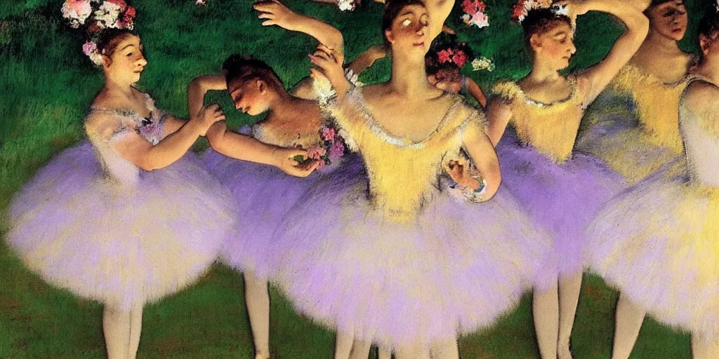 Image similar to anthropomorphic flowers performing ballet by Edgar Degas