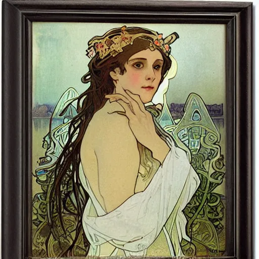 Image similar to lady of the lake by alphonse mucha
