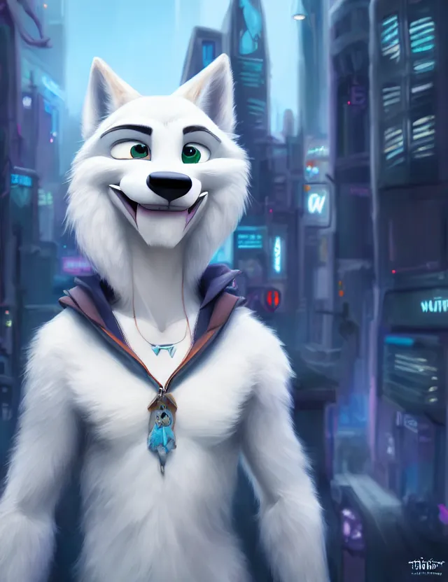 Image similar to portrait of cute male anthropomorphic white wolf in the style of zootopia in cyberpunk city, volumetric light, artstation, concept art, 8 k, high detail, perfect