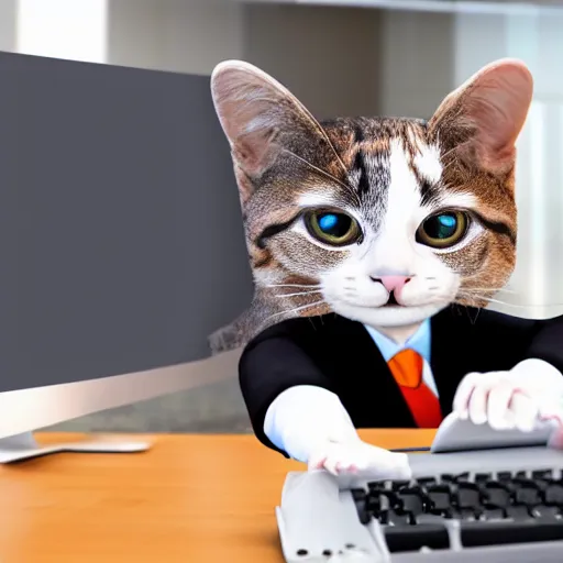 Image similar to realistic photo of an anthropomorphic cat wearing a business suit using a computer in an office